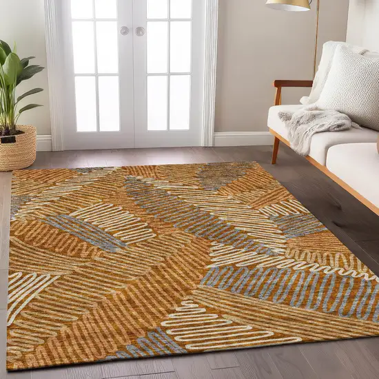 Orange Beige And Gray Floral Washable Indoor Outdoor Area Rug Photo 9