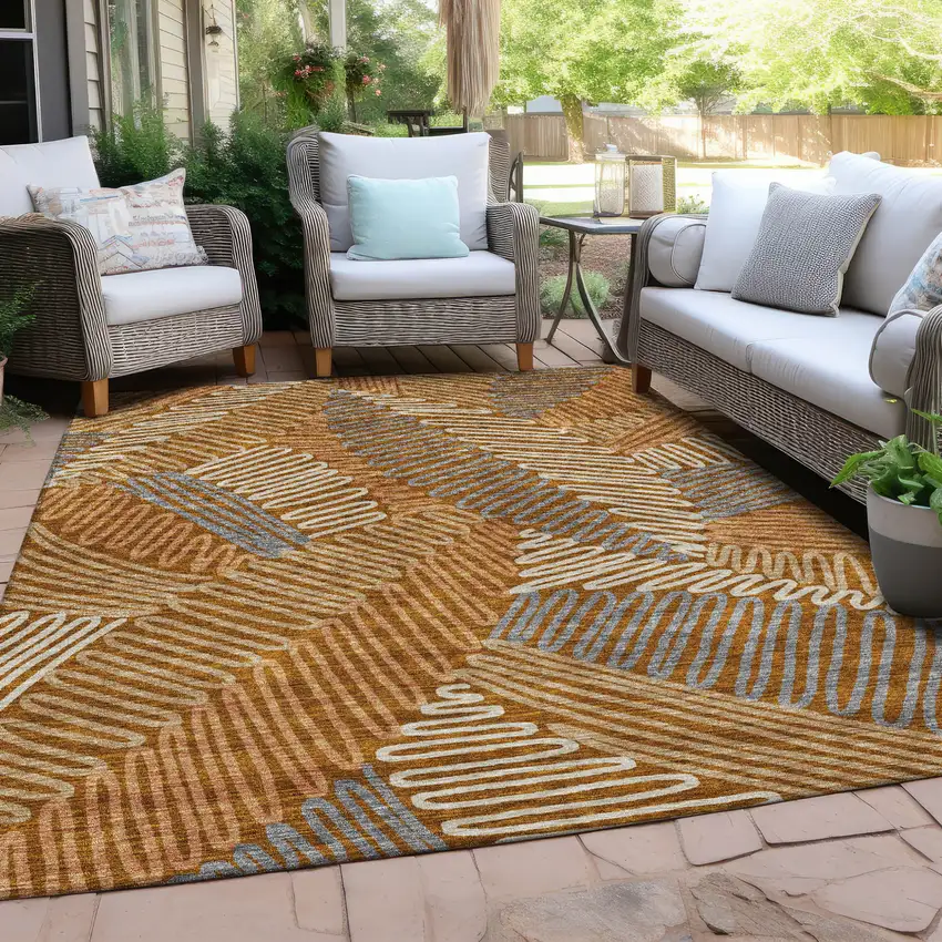 Orange Beige And Gray Floral Washable Indoor Outdoor Area Rug Photo 8