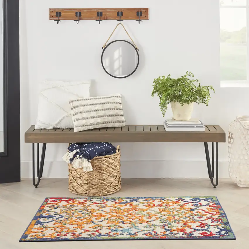 Orange Blue And Green Damask Non Skid Indoor Outdoor Area Rug Photo 9