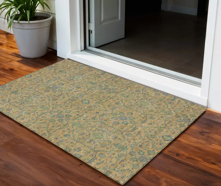 Orange Blue And Green Floral Washable Indoor Outdoor Area Rug Photo 1