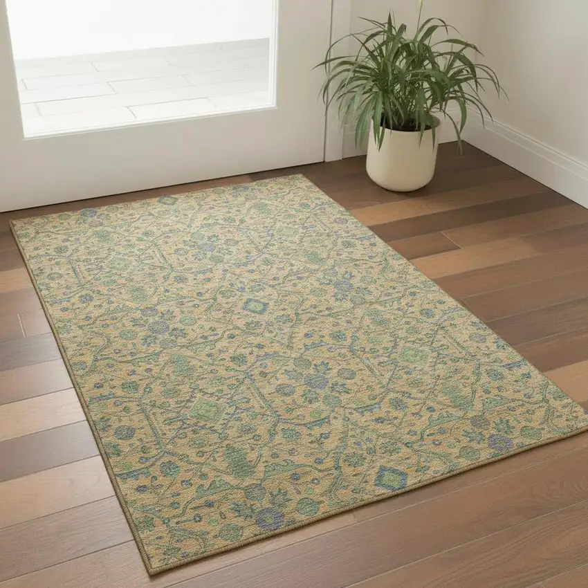 Orange Blue And Green Oriental Washable Area Rug With UV Protection Photo 2