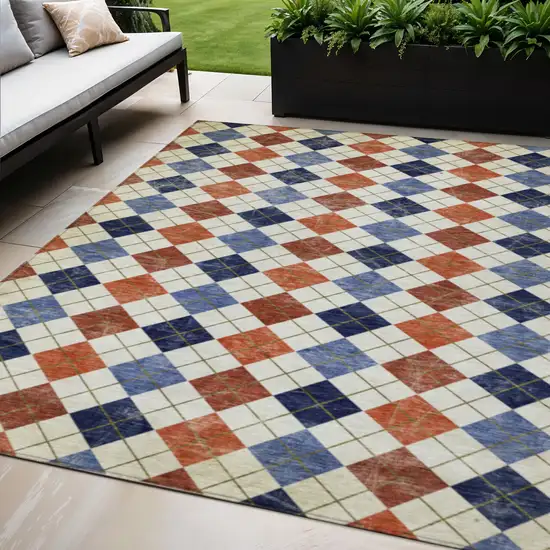 Orange Blue And Ivory Geometric Washable Indoor Outdoor Area Rug Photo 1