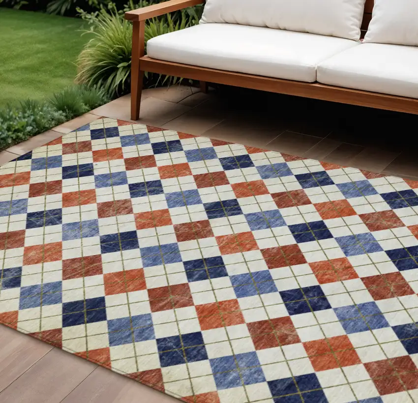 Orange Blue And Ivory Geometric Washable Indoor Outdoor Area Rug Photo 1