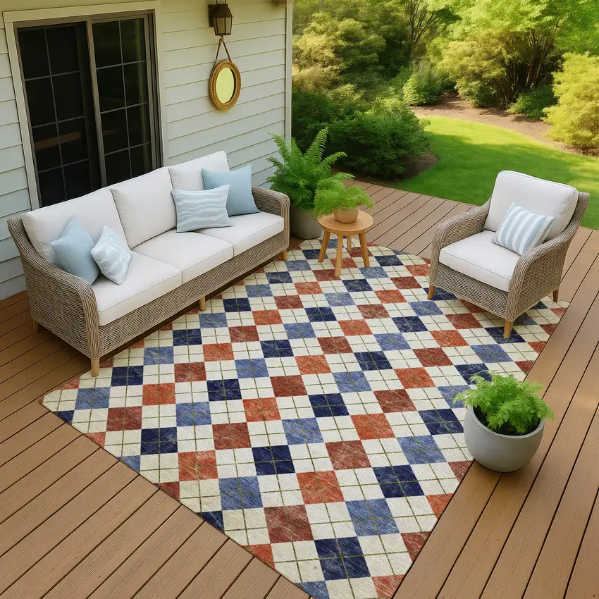 Orange Blue And Ivory Geometric Washable Indoor Outdoor Area Rug Photo 9