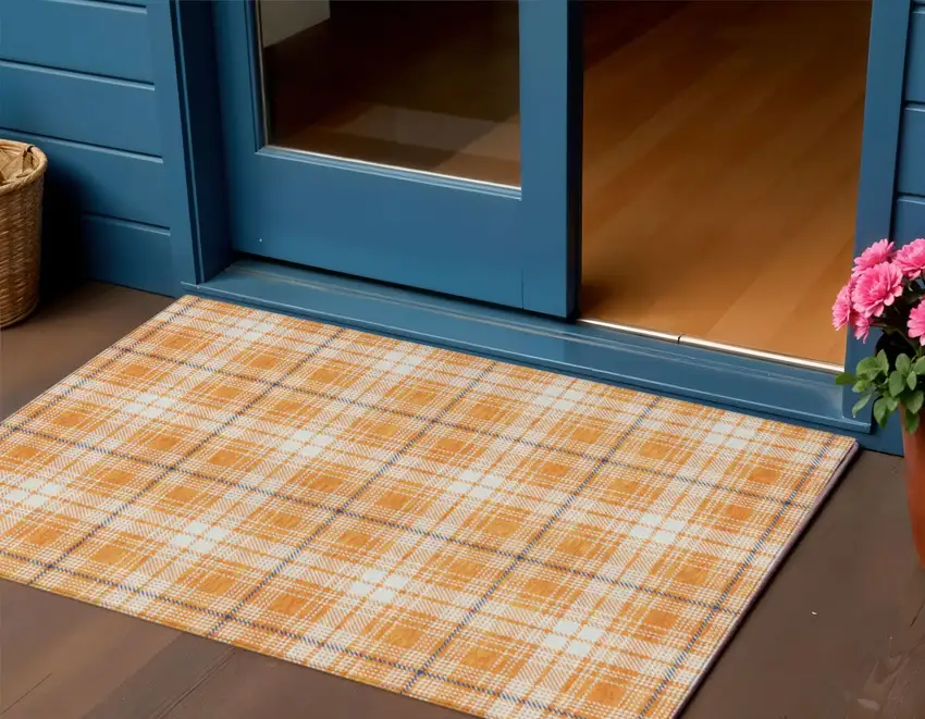 Orange Blue And Ivory Plaid Washable Indoor Outdoor Area Rug Photo 1