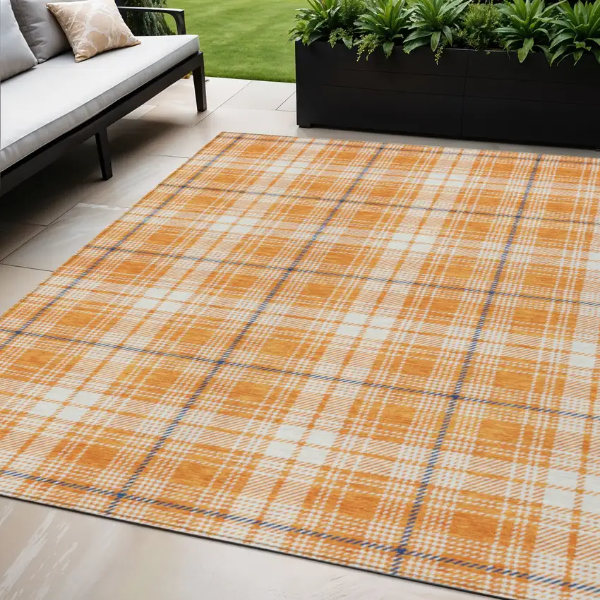 Orange Blue And Ivory Plaid Washable Indoor Outdoor Area Rug Photo 1