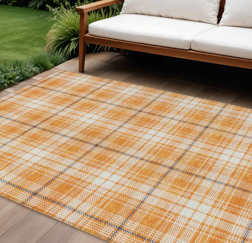 Orange Blue And Ivory Plaid Washable Indoor Outdoor Area Rug Photo 1