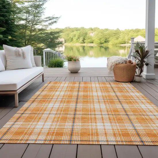 Orange Blue And Ivory Plaid Washable Indoor Outdoor Area Rug Photo 9