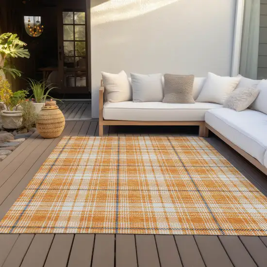 Orange Blue And Ivory Plaid Washable Indoor Outdoor Area Rug Photo 7