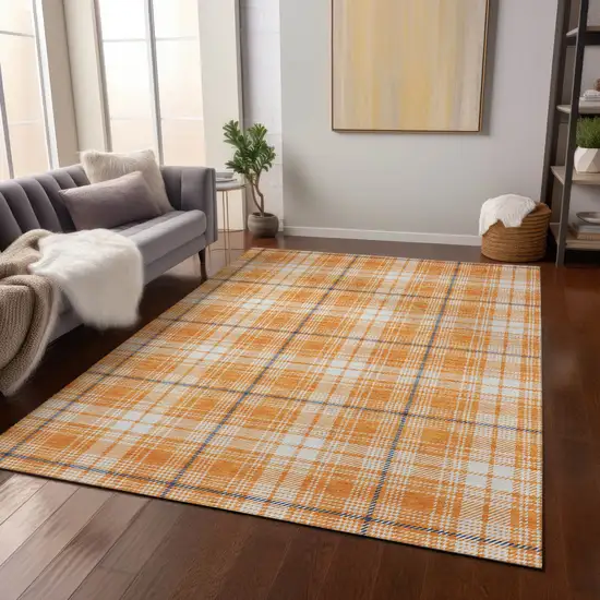Orange Blue And Ivory Plaid Washable Indoor Outdoor Area Rug Photo 8