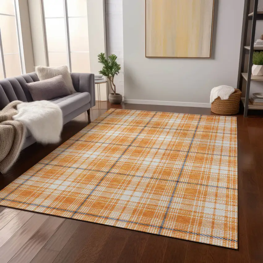 Orange Blue And Ivory Plaid Washable Indoor Outdoor Area Rug Photo 8