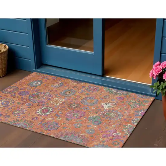 Orange Blue And Pink Floral Washable Indoor Outdoor Area Rug Photo 2