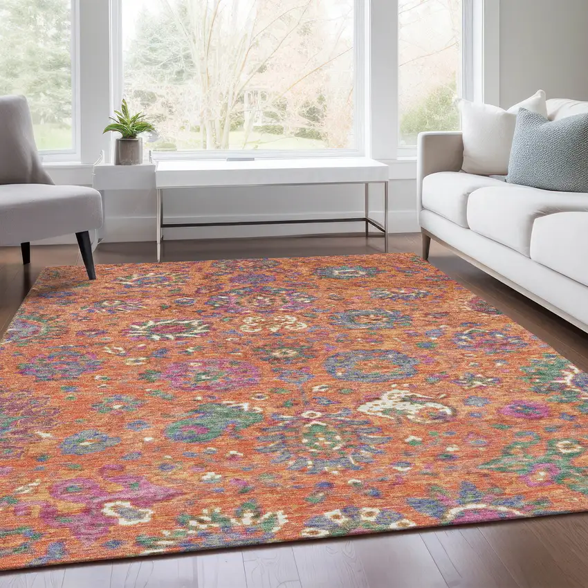 Orange Blue And Pink Floral Washable Indoor Outdoor Area Rug Photo 7
