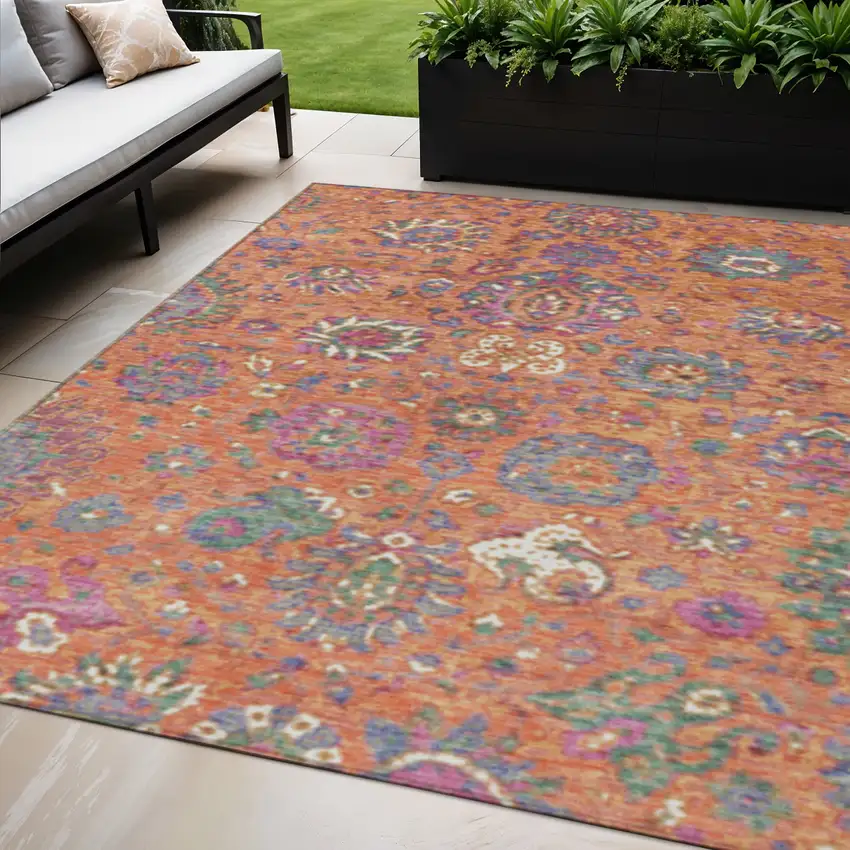 Orange Blue And Pink Floral Washable Indoor Outdoor Area Rug Photo 2