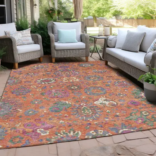 Orange Blue And Pink Floral Washable Indoor Outdoor Area Rug Photo 5