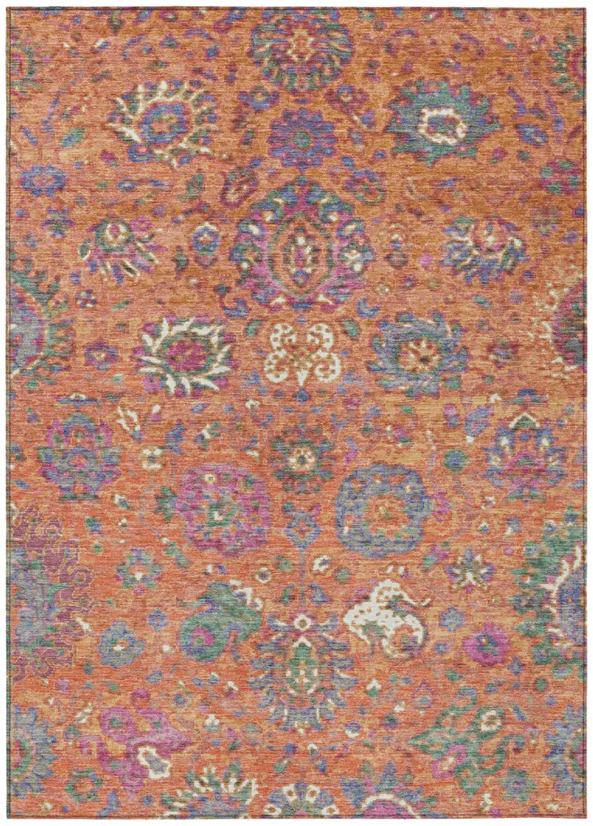 Orange Blue And Pink Floral Washable Indoor Outdoor Area Rug Photo 1