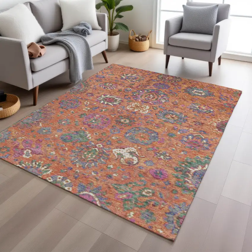 Orange Blue And Pink Floral Washable Indoor Outdoor Area Rug Photo 6