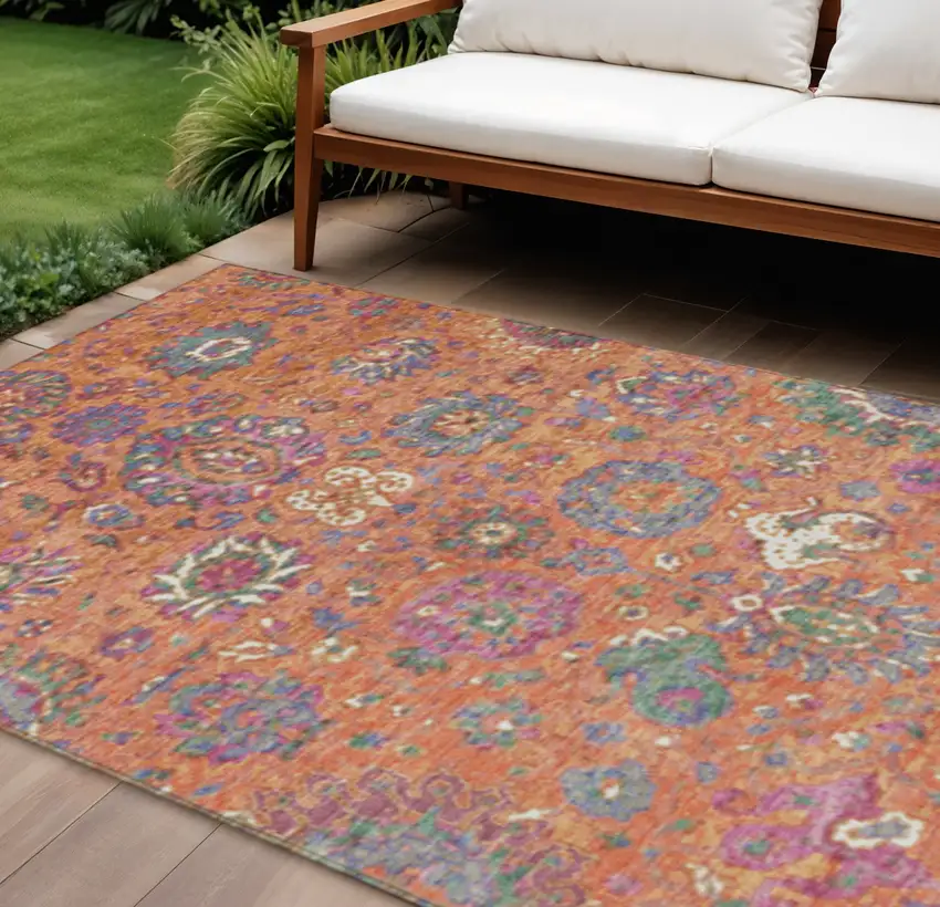 Orange Blue And Pink Floral Washable Indoor Outdoor Area Rug Photo 2