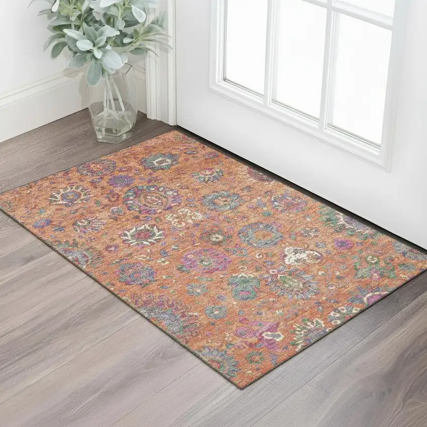 Orange Blue And Pink Oriental Washable Area Rug With UV Protection Photo 2