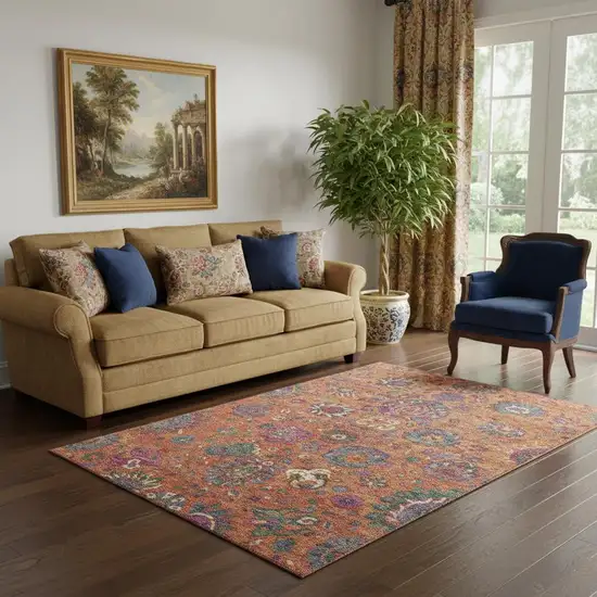 Orange Blue And Pink Oriental Washable Area Rug With UV Protection Photo 2