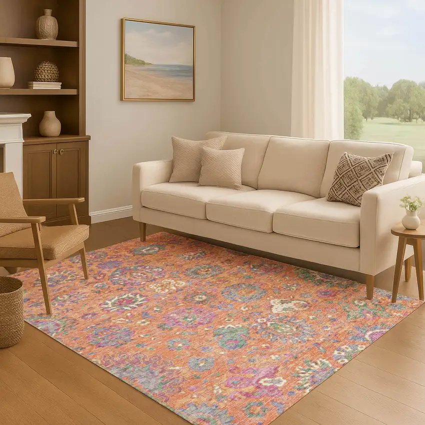 Orange Blue And Pink Oriental Washable Area Rug With UV Protection Photo 6