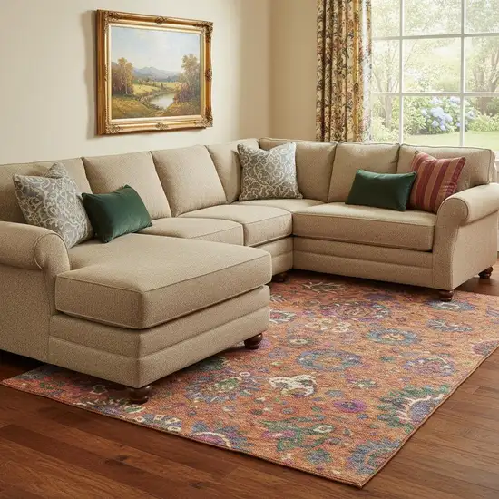 Orange Blue And Pink Oriental Washable Area Rug With UV Protection Photo 2