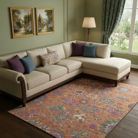 Orange Blue And Pink Oriental Washable Area Rug With UV Protection Photo 2