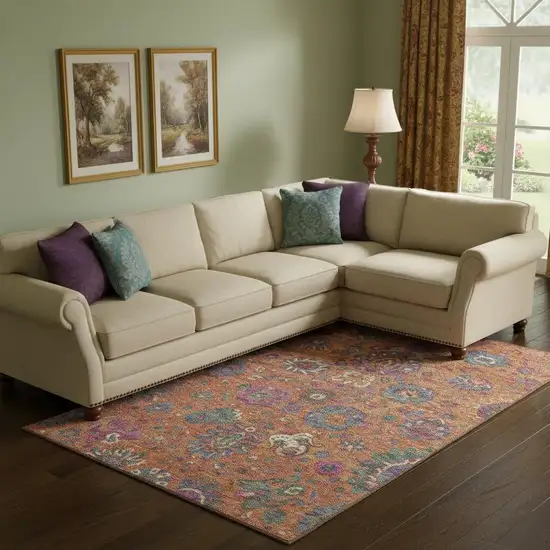 Orange Blue And Pink Oriental Washable Area Rug With UV Protection Photo 2