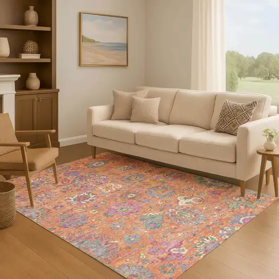 Orange Blue And Pink Oriental Washable Area Rug With UV Protection Photo 6