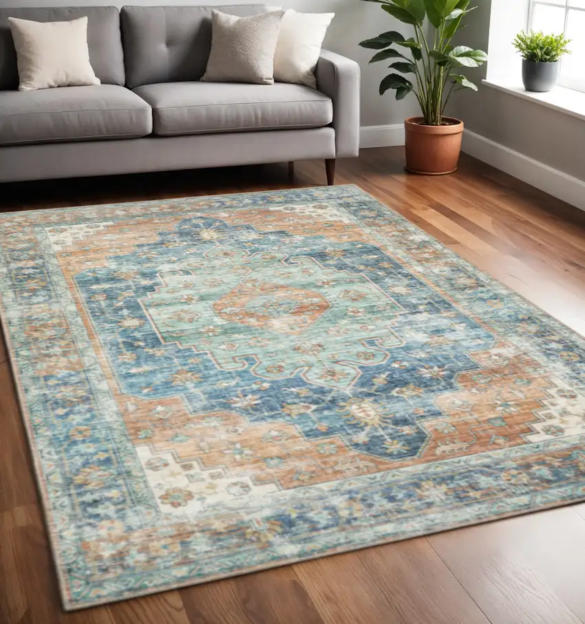 Orange Blue Teal Green And Beige Oriental Power Loom Stain Resistant Area Rug Photo 1