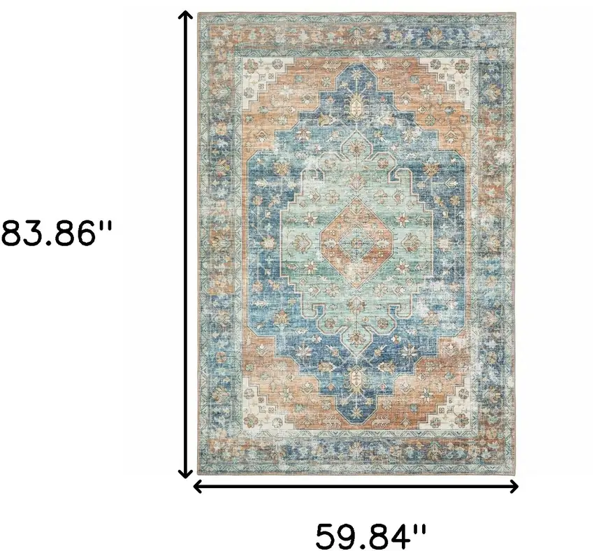 Orange Blue Teal Green And Beige Oriental Power Loom Stain Resistant Area Rug Photo 10