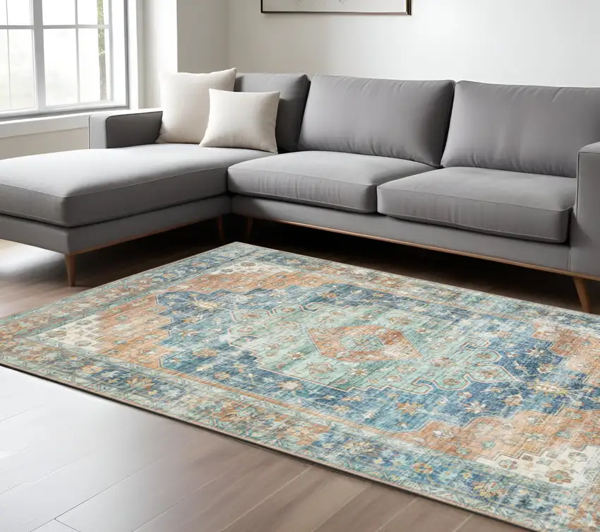 Blue and Orange Oriental Power Loom Area Rug Photo 1