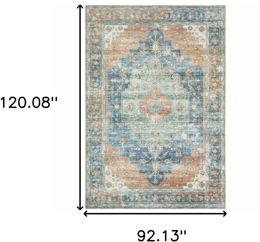 Orange Blue Teal Green And Beige Oriental Power Loom Stain Resistant Area Rug Photo 10