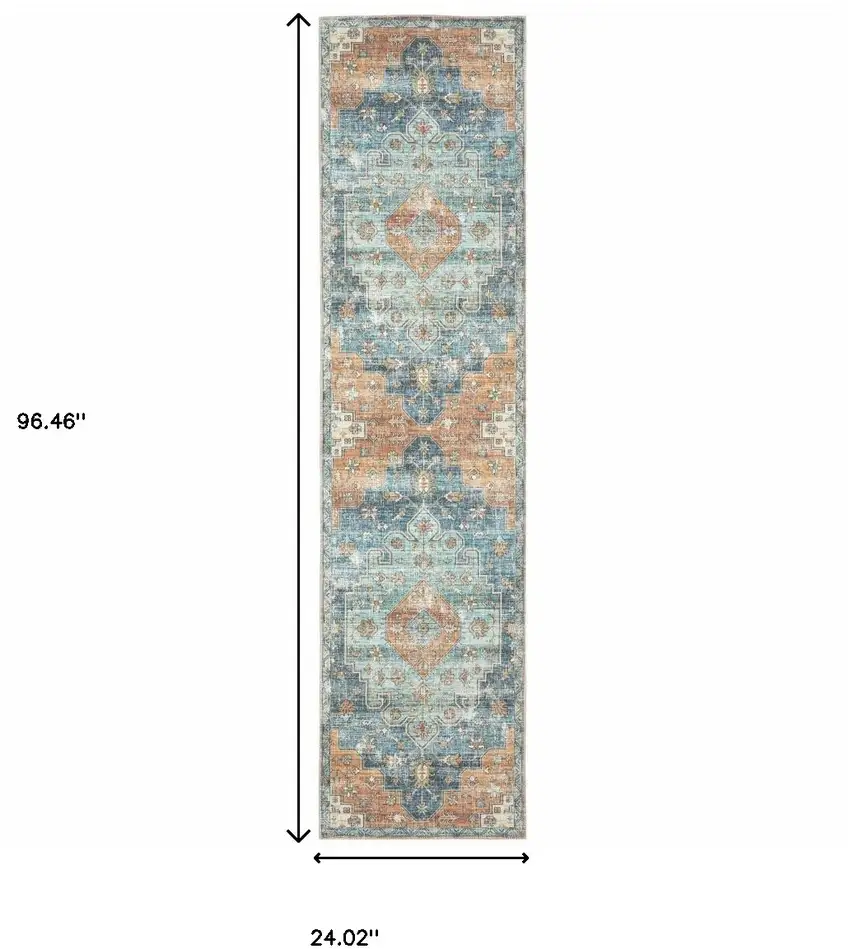 Orange Blue Teal Green And Beige Oriental Power Loom Stain Resistant Runner Rug Photo 9