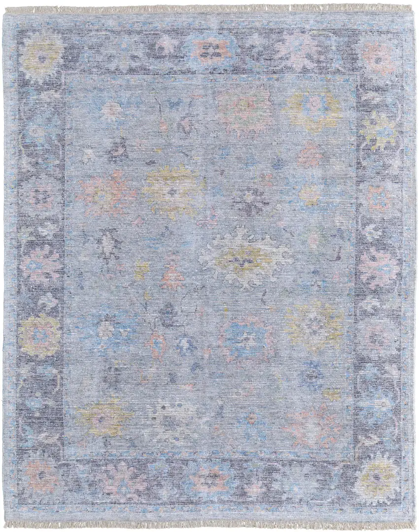 Orange Blue and Gold Floral Hand Woven Distressed Area Rug With Fringe Photo 2
