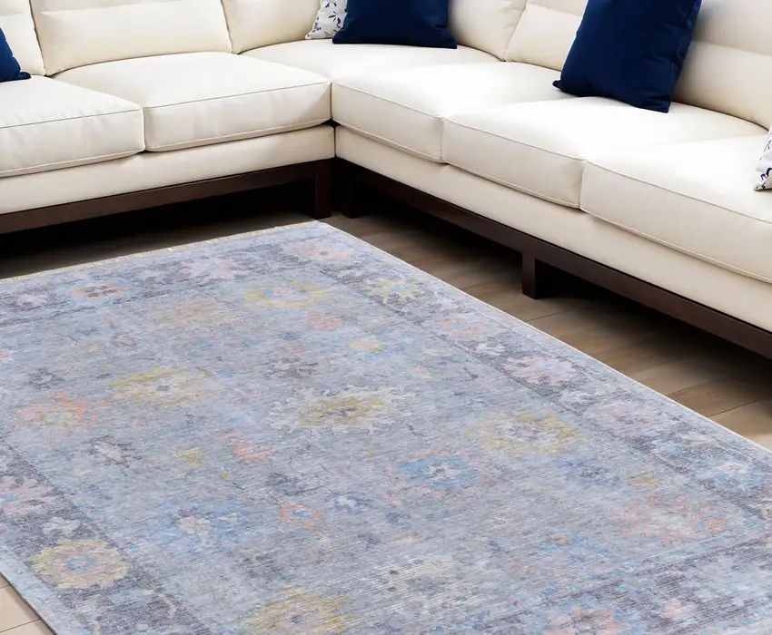Orange Blue and Gold Floral Hand Woven Distressed Area Rug With Fringe Photo 1