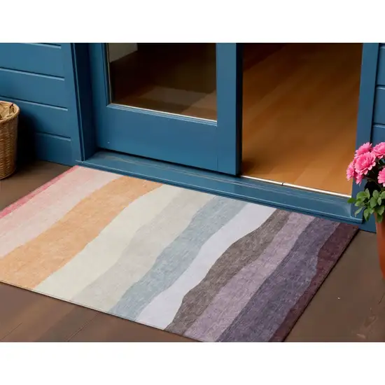 Orange Blush And Lavender Striped Washable Indoor Outdoor Area Rug Photo 2