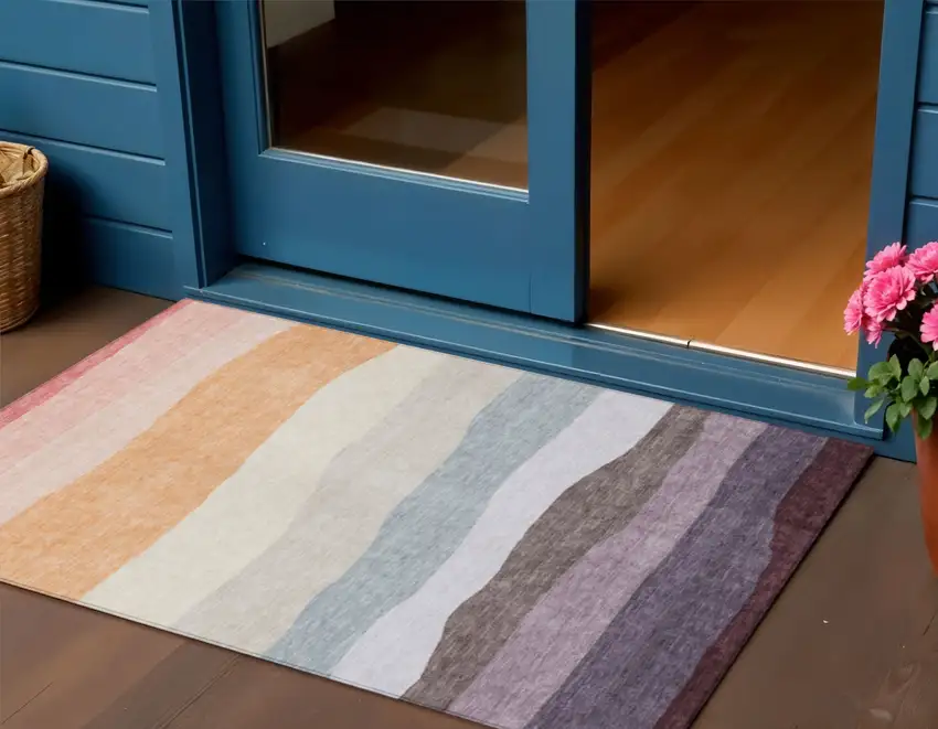 Orange Blush And Lavender Striped Washable Indoor Outdoor Area Rug Photo 2