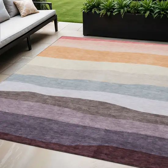 Orange Blush And Lavender Striped Washable Indoor Outdoor Area Rug Photo 2