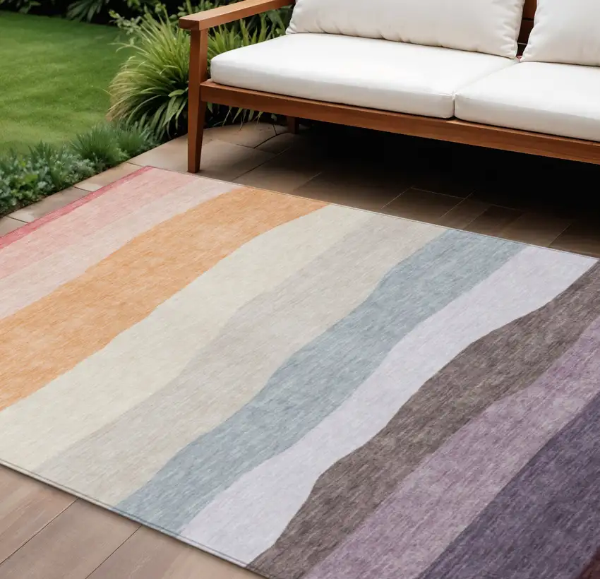 Orange Blush And Lavender Striped Washable Indoor Outdoor Area Rug Photo 2