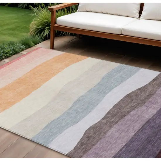 Orange Blush And Lavender Striped Washable Indoor Outdoor Area Rug Photo 2