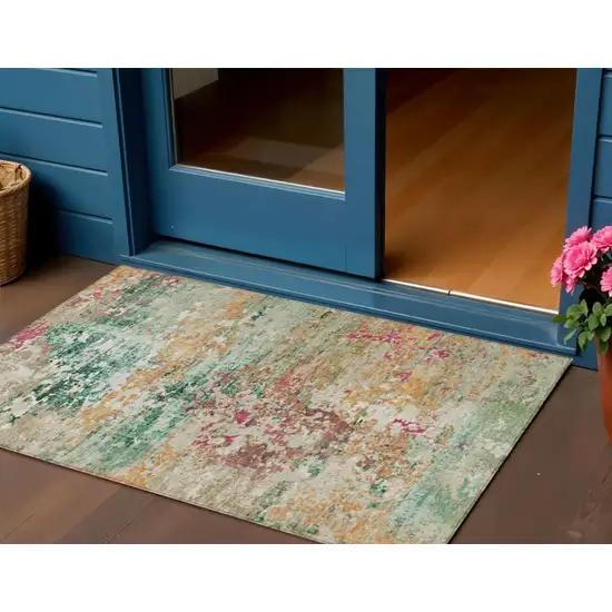 Orange Blush And Teal Blue Abstract Washable Indoor Outdoor Area Rug Photo 2