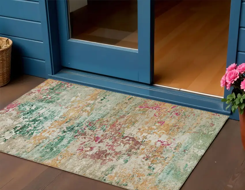 Orange Blush And Teal Blue Abstract Washable Indoor Outdoor Area Rug Photo 2