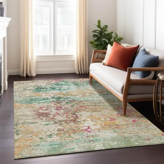 Orange Blush And Teal Blue Abstract Washable Indoor Outdoor Area Rug Photo 7