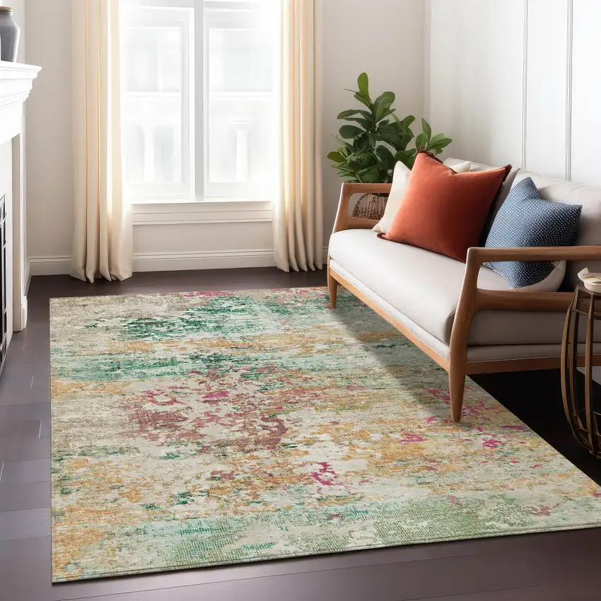 Orange Blush And Teal Blue Abstract Washable Indoor Outdoor Area Rug Photo 7