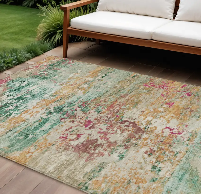 Orange Blush And Teal Blue Abstract Washable Indoor Outdoor Area Rug Photo 2