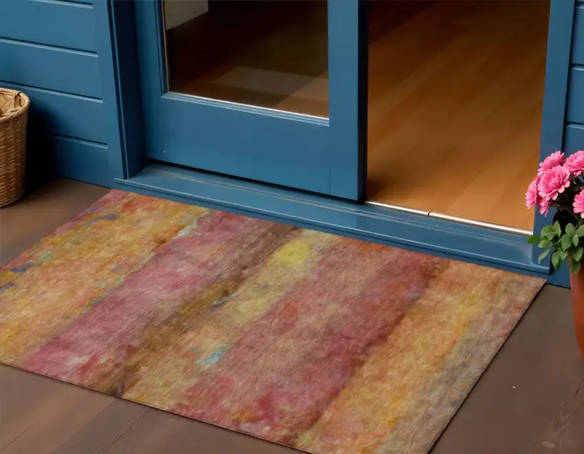 Orange Blush And Yellow Abstract Washable Indoor Outdoor Area Rug Photo 1