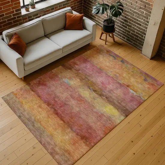 Orange Blush And Yellow Abstract Washable Indoor Outdoor Area Rug Photo 9