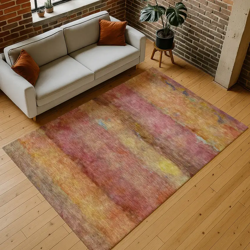 Orange Blush And Yellow Abstract Washable Indoor Outdoor Area Rug Photo 9