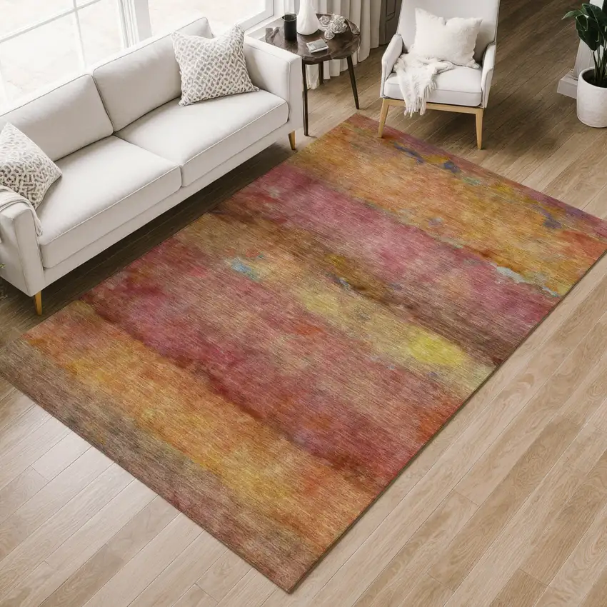 Orange Blush And Yellow Abstract Washable Indoor Outdoor Area Rug Photo 9